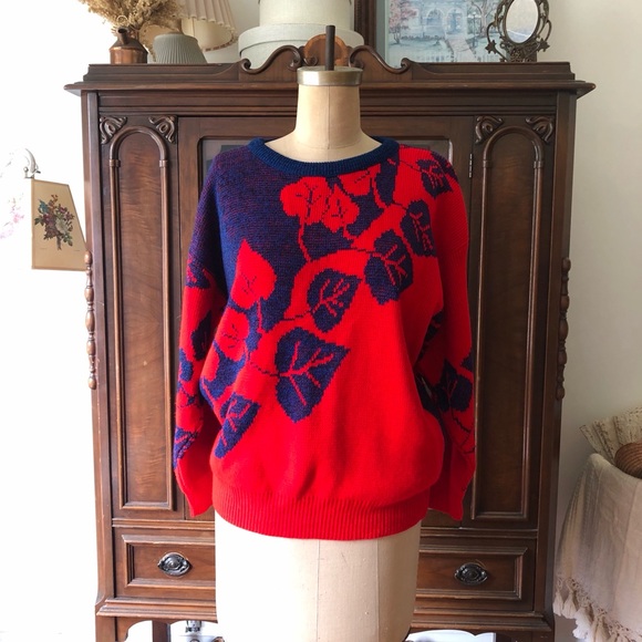 VINTAGE 80s Blue Red Leaves Knit Sweater - Picture 12 of 13